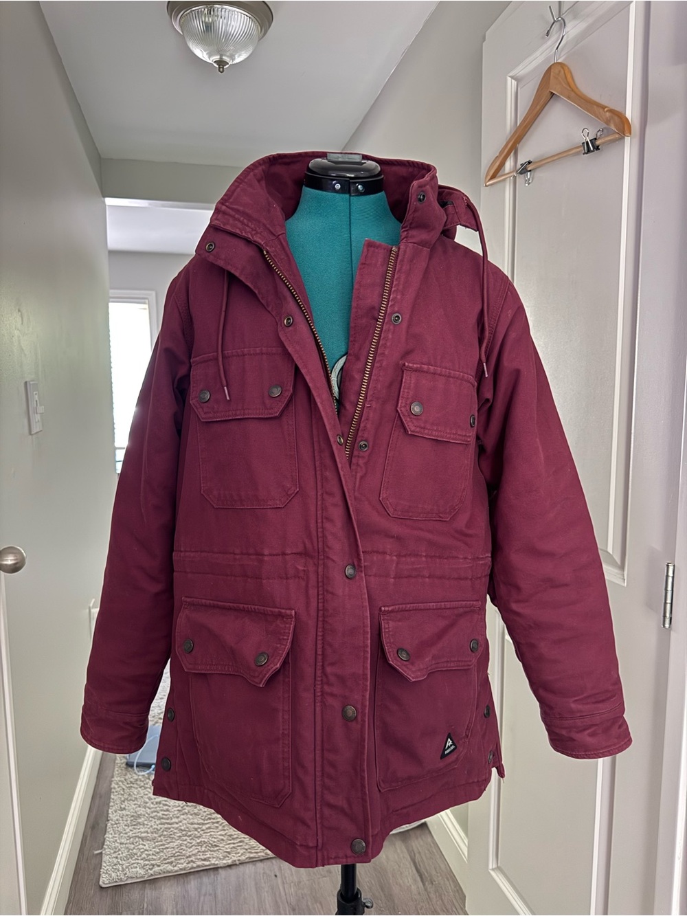 Women's Hooded Utility Jacket - Burgundy Canvas Lined Workwear Cold Weather